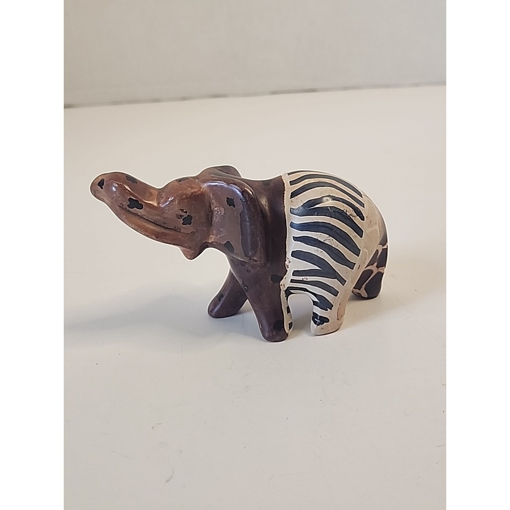 Handcarved‎ Soapstone Elephant Figurine  Handpainted Safari Patchwork 2.25" X 5"